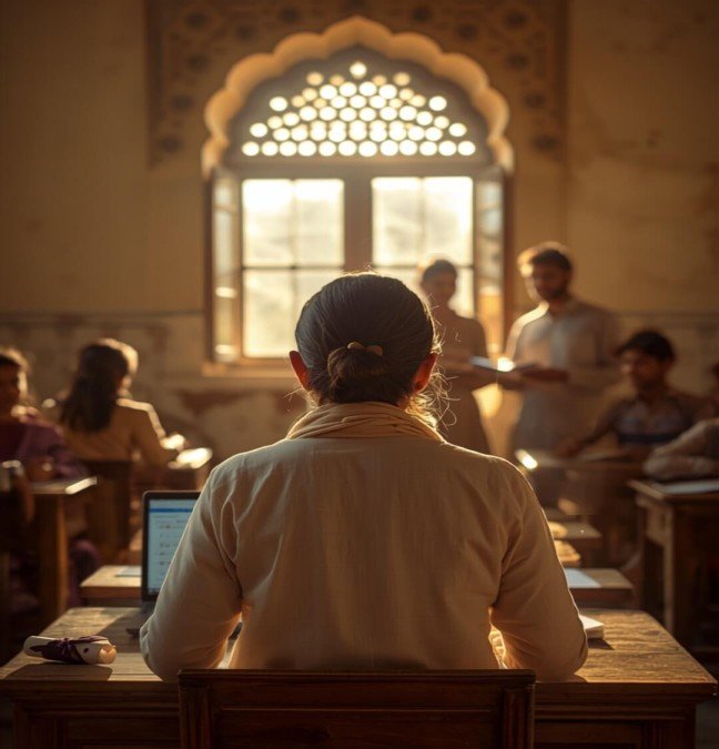 Learners following a lesson on laptops in a classroom with arched windows