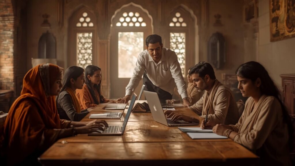 Learners and an instructor working on laptops around a long table