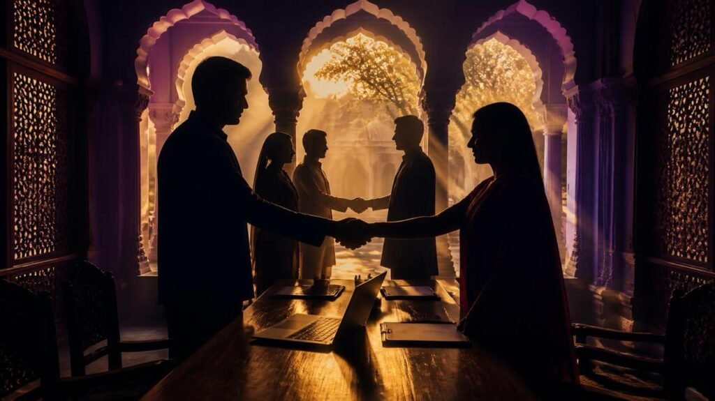 Partners shaking hands in an arched hall