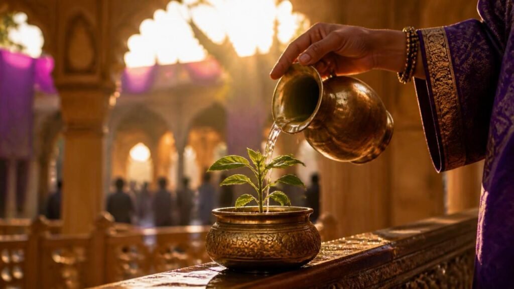 A hand watering a small plant, symbolizing long-term support