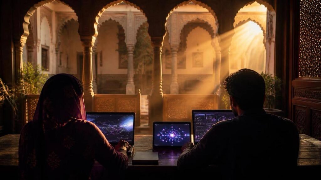 Learners working on laptops in a sunlit hall