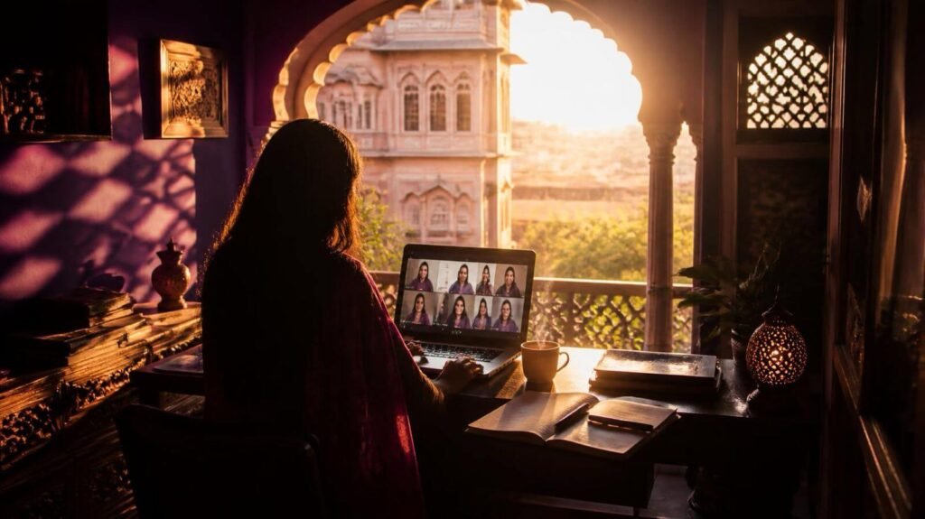 A learner practicing on a laptop by an arched window