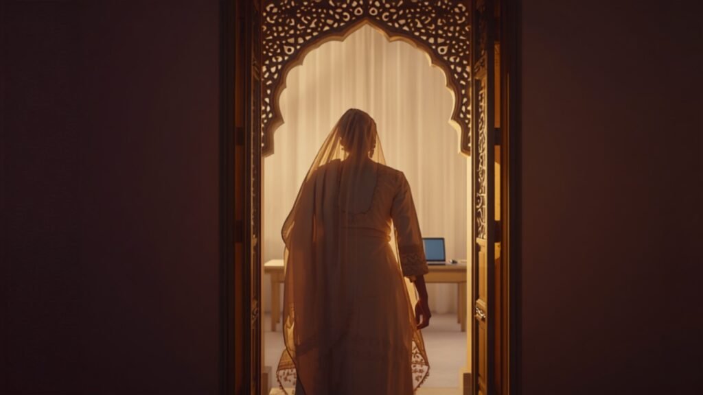 A person standing in a sunlit arched doorway
